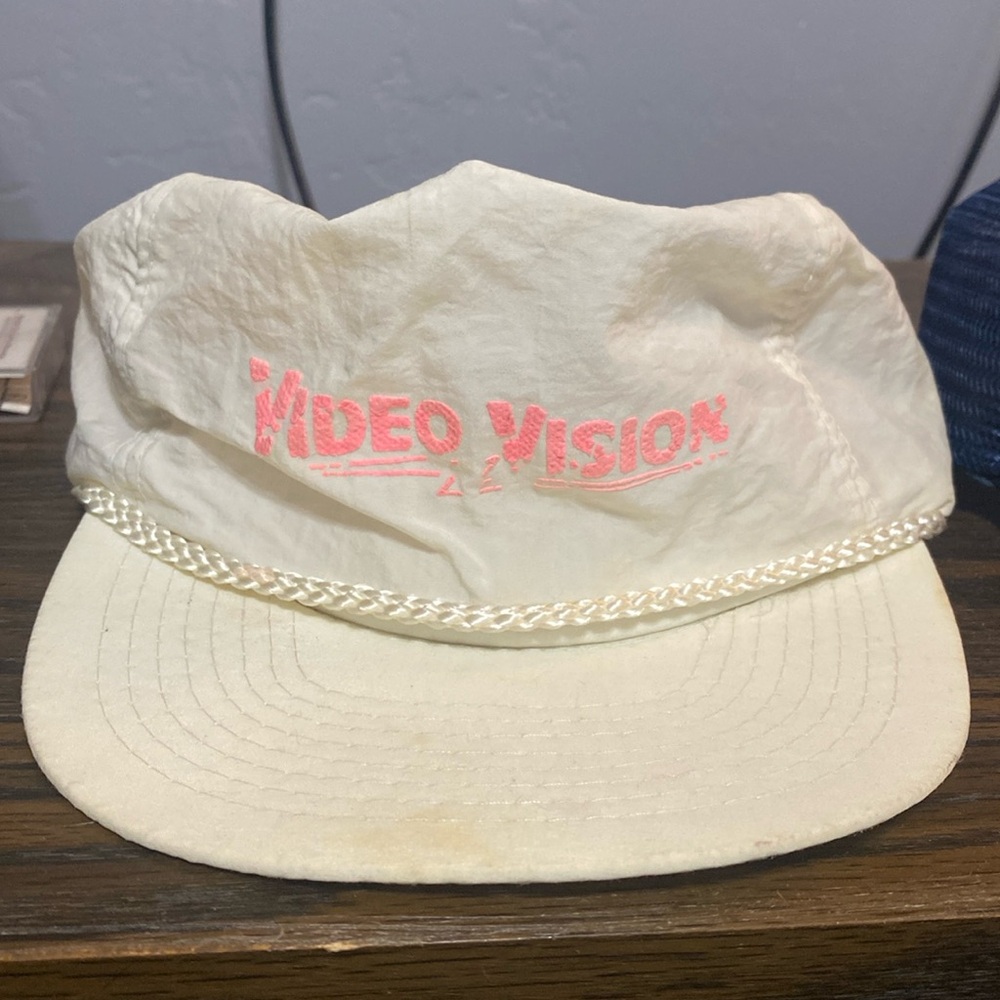 Vintage White Crepe Baseball Cap with pink text “Video Vision”